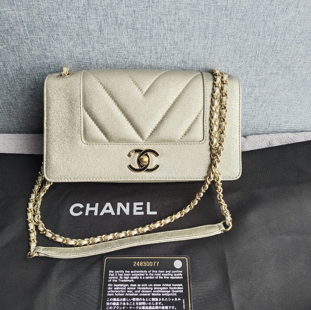CHANEL Gold Quilted Chevron Leather Shoulder Bag